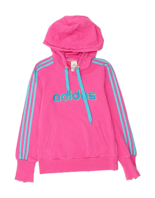 ADIDAS Womens Graphic Hoodie Jumper UK 10 Small Pink Cotton Hoodie with Contrast Stitching Detailed Premium ADIDAS Womens Graphic Hoodie Jumper UK 10 Small Pink Cotton Hoodie with Contrast Stitching Detailed Premium