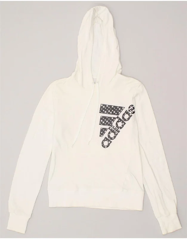 ADIDAS Womens Graphic Hoodie Jumper UK 12 Medium Off White Cotton Hoodie with Lining Warm Insulated ADIDAS Womens Graphic Hoodie Jumper UK 12 Medium Off White Cotton Hoodie with Lining Warm Insulated