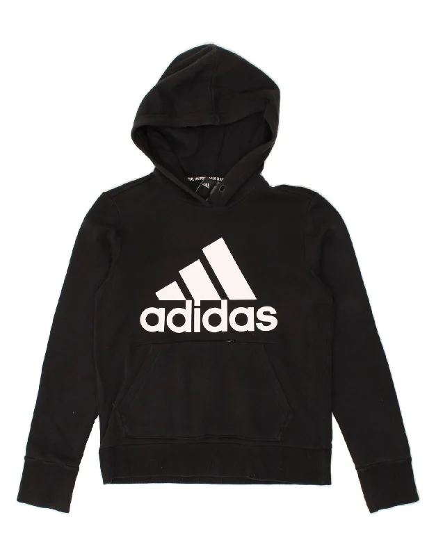 ADIDAS Womens Graphic Hoodie Jumper UK 4/6 Small Black Cotton Hoodie with Distressed Vintage Worn ADIDAS Womens Graphic Hoodie Jumper UK 4/6 Small Black Cotton Hoodie with Distressed Vintage Worn