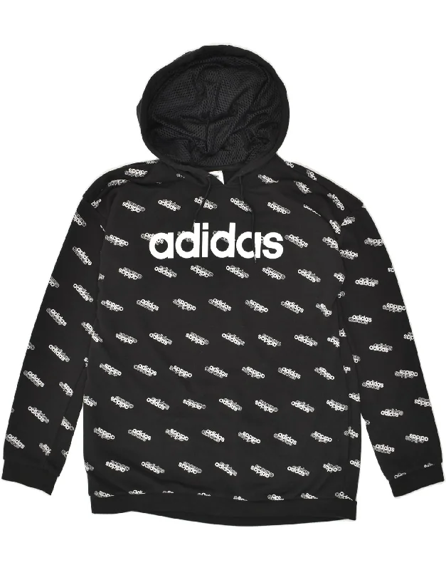 ADIDAS Womens Loose Fit Graphic Hoodie Jumper UK 12/14 Medium Black Cotton Hoodie with Raw Hem Edgy Unfinished ADIDAS Womens Loose Fit Graphic Hoodie Jumper UK 12/14 Medium Black Cotton Hoodie with Raw Hem Edgy Unfinished