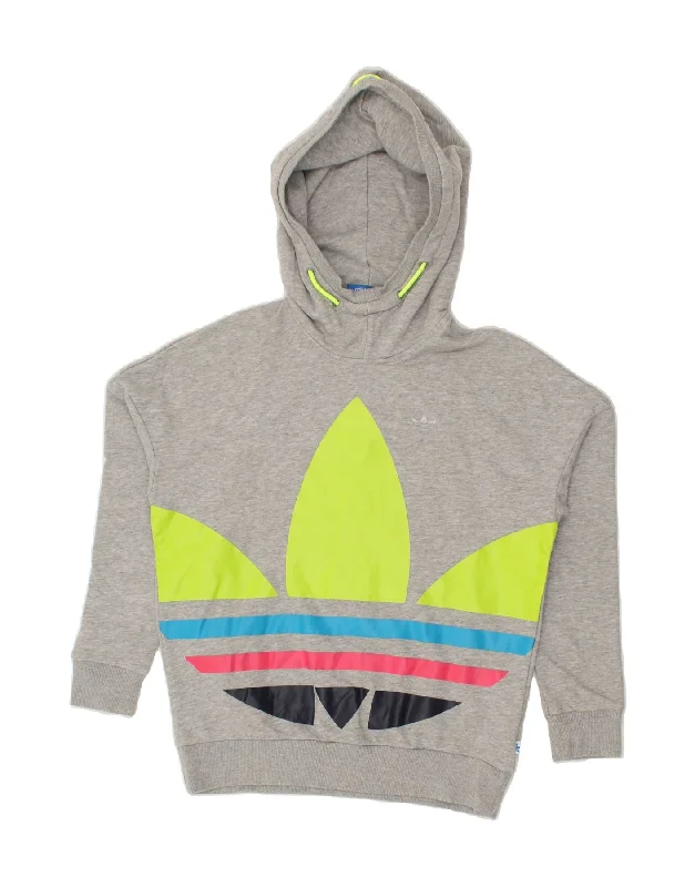 ADIDAS Womens Oversized Graphic Hoodie Jumper UK 8 Small Grey Cotton Hoodie with Applique Textured Unique ADIDAS Womens Oversized Graphic Hoodie Jumper UK 8 Small Grey Cotton Hoodie with Applique Textured Unique