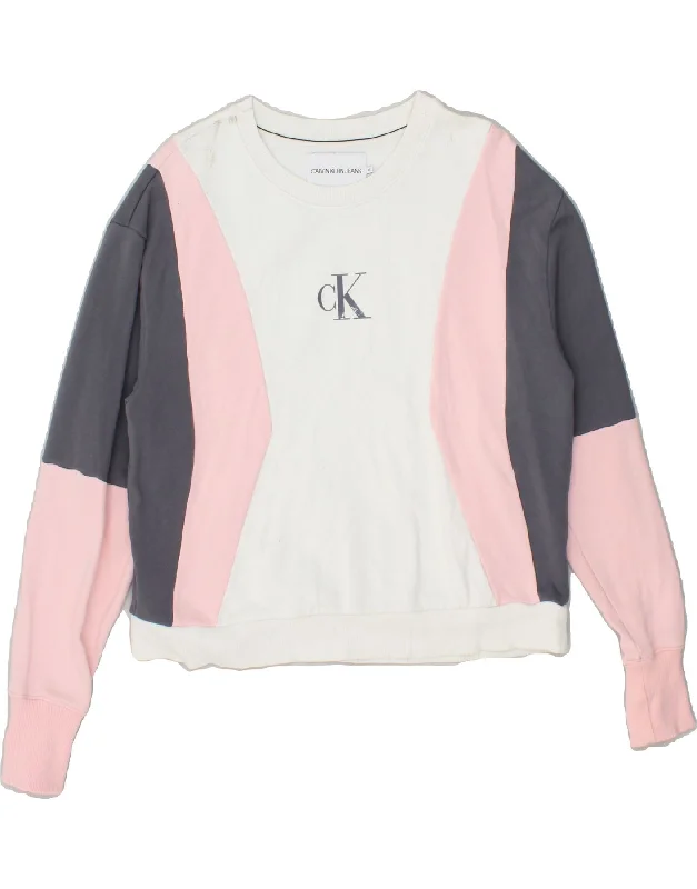CALVIN KLEIN JEANS Womens Graphic Sweatshirt Jumper UK 14 Medium White Hoodie with Drawstring Waist Adjustable Fitted CALVIN KLEIN JEANS Womens Graphic Sweatshirt Jumper UK 14 Medium White Hoodie with Drawstring Waist Adjustable Fitted