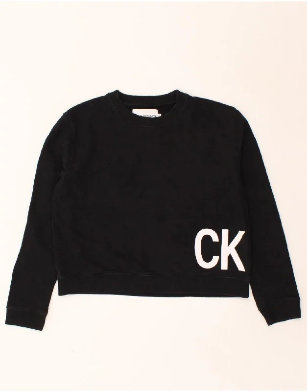 CALVIN KLEIN JEANS Womens Graphic Sweatshirt Jumper UK 16 Large Black Hoodie with Hem Patch Decorative Personalized CALVIN KLEIN JEANS Womens Graphic Sweatshirt Jumper UK 16 Large Black Hoodie with Hem Patch Decorative Personalized