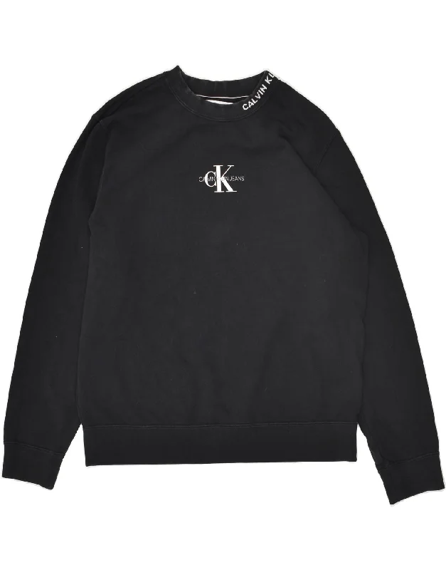 CALVIN KLEIN Womens Loose Fit Graphic Sweatshirt Jumper UK 14 Medium Black Hoodie with Button Placket Classic Preppy CALVIN KLEIN Womens Loose Fit Graphic Sweatshirt Jumper UK 14 Medium Black Hoodie with Button Placket Classic Preppy