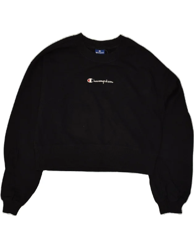 CHAMPION Womens Graphic Crop Sweatshirt Jumper UK 14 Medium Black Cotton Hoodie with Full-Zip Functional Layering CHAMPION Womens Graphic Crop Sweatshirt Jumper UK 14 Medium Black Cotton Hoodie with Full-Zip Functional Layering