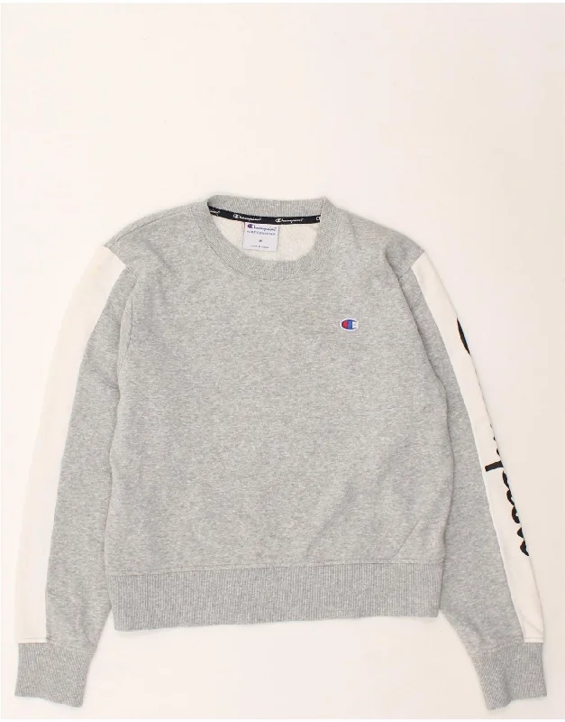 CHAMPION Womens Graphic Crop Sweatshirt Jumper UK 14 Medium Grey Hoodie with Strings Custom Fit Adjustable CHAMPION Womens Graphic Crop Sweatshirt Jumper UK 14 Medium Grey Hoodie with Strings Custom Fit Adjustable