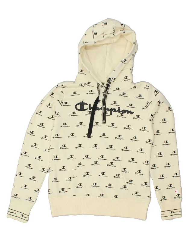 CHAMPION Womens Graphic Hoodie Jumper UK 10 Small Beige Cotton Hoodie with Hem Contrast Bold Stylish CHAMPION Womens Graphic Hoodie Jumper UK 10 Small Beige Cotton Hoodie with Hem Contrast Bold Stylish
