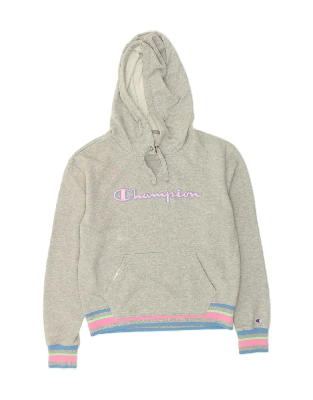 CHAMPION Womens Graphic Hoodie Jumper UK 10 Small Grey Cotton Hoodie with Earth Tones Natural Calm CHAMPION Womens Graphic Hoodie Jumper UK 10 Small Grey Cotton Hoodie with Earth Tones Natural Calm