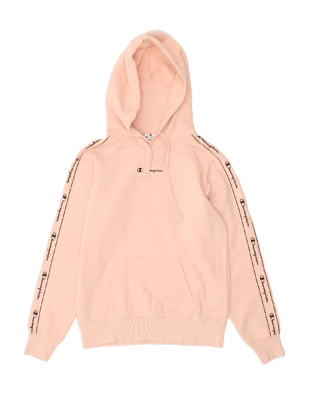 CHAMPION Womens Graphic Hoodie Jumper UK 10 Small Pink Cotton Hoodie with Emblem Brand Identity CHAMPION Womens Graphic Hoodie Jumper UK 10 Small Pink Cotton Hoodie with Emblem Brand Identity