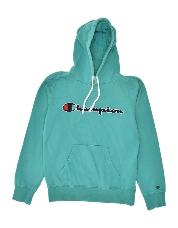 CHAMPION Womens Graphic Hoodie Jumper UK 10 Small Turquoise Cotton Hoodie with Full-Zip Functional Layering CHAMPION Womens Graphic Hoodie Jumper UK 10 Small Turquoise Cotton Hoodie with Full-Zip Functional Layering