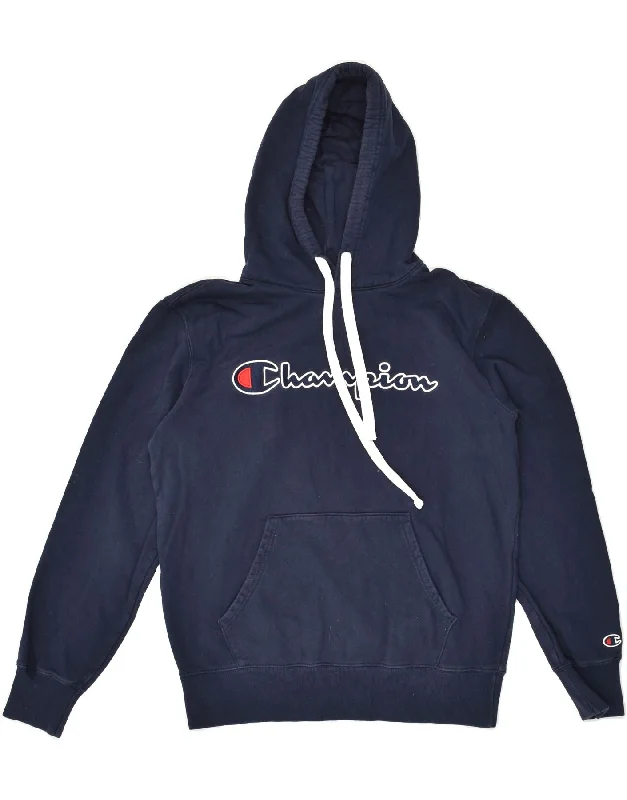 CHAMPION Womens Graphic Hoodie Jumper UK 16 Large Navy Blue Cotton Hoodie with Mock Neck Collared Structured CHAMPION Womens Graphic Hoodie Jumper UK 16 Large Navy Blue Cotton Hoodie with Mock Neck Collared Structured