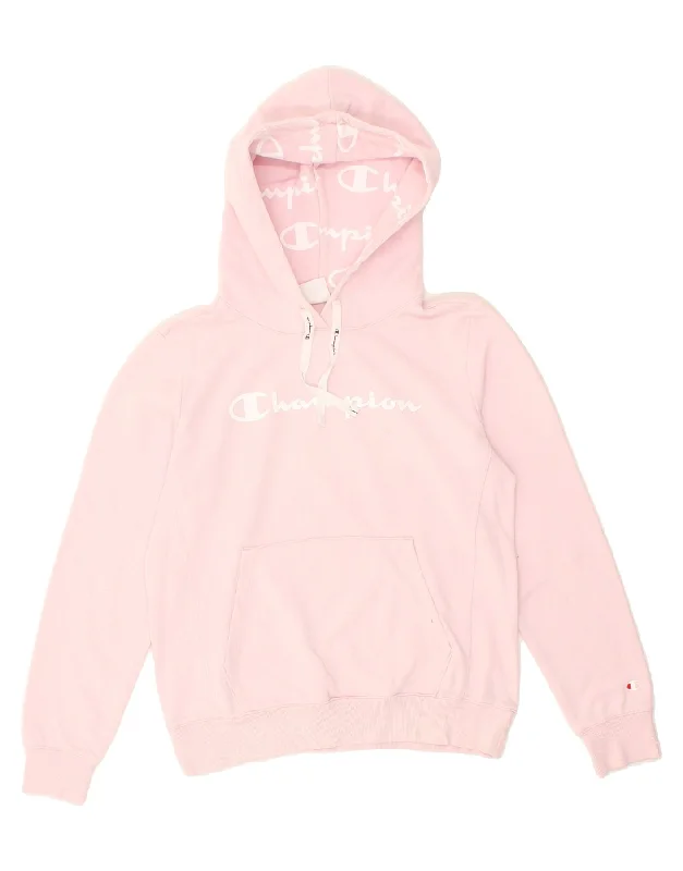 CHAMPION Womens Graphic Hoodie Jumper UK 16 Large Pink Hoodie with Slit Hem Functional Movement CHAMPION Womens Graphic Hoodie Jumper UK 16 Large Pink Hoodie with Slit Hem Functional Movement