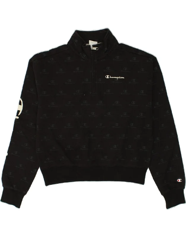 CHAMPION Womens Graphic Zip Neck Sweatshirt Jumper UK 14 Medium Black Hoodie with Drawcord Adjustable Secure CHAMPION Womens Graphic Zip Neck Sweatshirt Jumper UK 14 Medium Black Hoodie with Drawcord Adjustable Secure