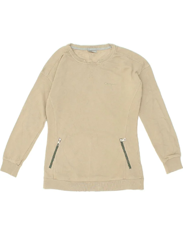 CHAMPION Womens Sweatshirt Jumper UK 14 Medium Beige Cotton Hoodie with Pattern Geometric Abstract CHAMPION Womens Sweatshirt Jumper UK 14 Medium Beige Cotton Hoodie with Pattern Geometric Abstract