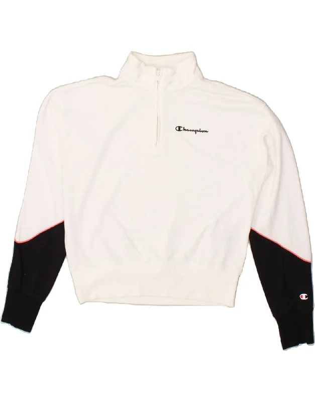 CHAMPION Womens Zip Neck Sweatshirt Jumper UK 14 Medium White Colourblock Hoodie with Hidden Zipper Minimalist Clean CHAMPION Womens Zip Neck Sweatshirt Jumper UK 14 Medium White Colourblock Hoodie with Hidden Zipper Minimalist Clean