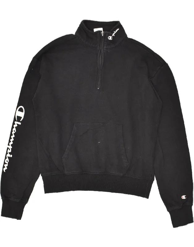 CHAMPION Womens Zip Neck Sweatshirt Jumper UK 16 Large Black Cotton Hoodie with Embroidery Detailed Premium CHAMPION Womens Zip Neck Sweatshirt Jumper UK 16 Large Black Cotton Hoodie with Embroidery Detailed Premium