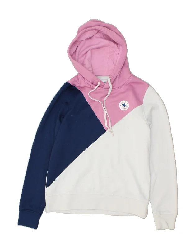 CONVERSE Womens Graphic Hoodie Jumper UK 10 Small White Colourblock Hoodie with Illustration Artistic Creative CONVERSE Womens Graphic Hoodie Jumper UK 10 Small White Colourblock Hoodie with Illustration Artistic Creative