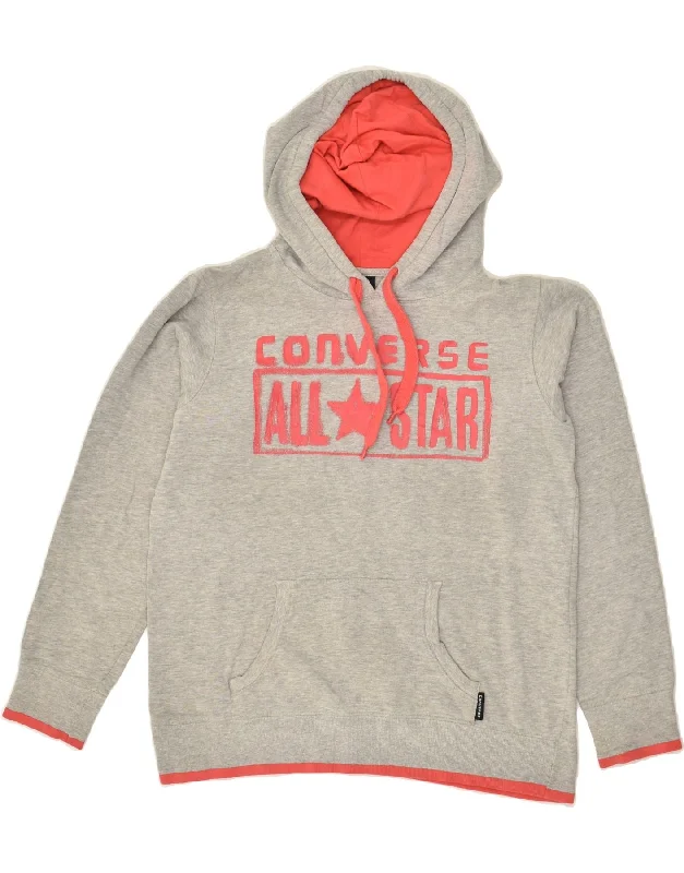 CONVERSE Womens Graphic Hoodie Jumper UK 14 Medium Grey Cotton Hoodie with Mock Neck Collared Structured CONVERSE Womens Graphic Hoodie Jumper UK 14 Medium Grey Cotton Hoodie with Mock Neck Collared Structured