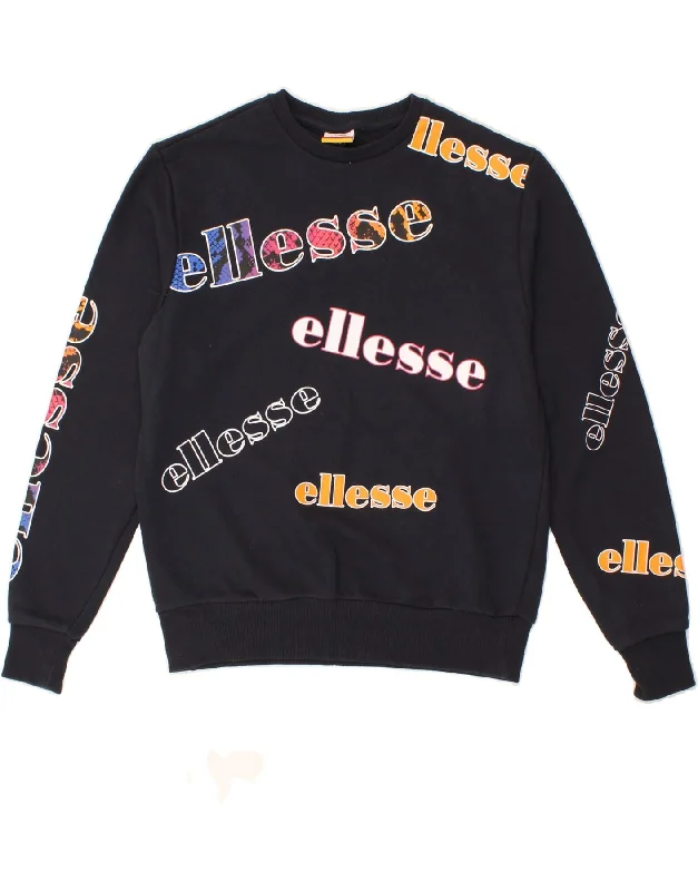 ELLESSE Womens Graphic Sweatshirt Jumper UK 12 Medium Grey Cotton Hoodie with Hem Frayed Vintage Worn ELLESSE Womens Graphic Sweatshirt Jumper UK 12 Medium Grey Cotton Hoodie with Hem Frayed Vintage Worn