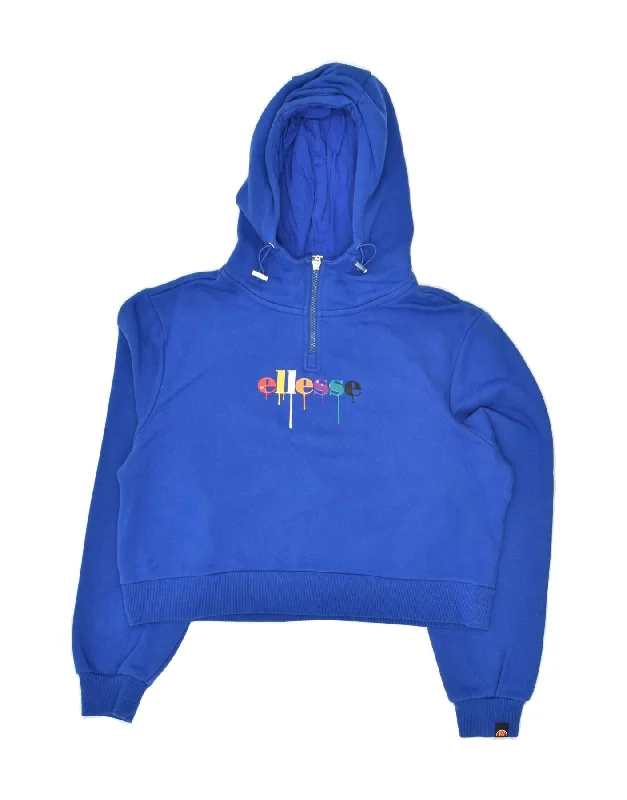 ELLESSE Womens Graphic Zip Neck Hoodie Jumper UK 14 Medium Blue Cotton Hoodie with Contrast Stitching Detailed Premium ELLESSE Womens Graphic Zip Neck Hoodie Jumper UK 14 Medium Blue Cotton Hoodie with Contrast Stitching Detailed Premium