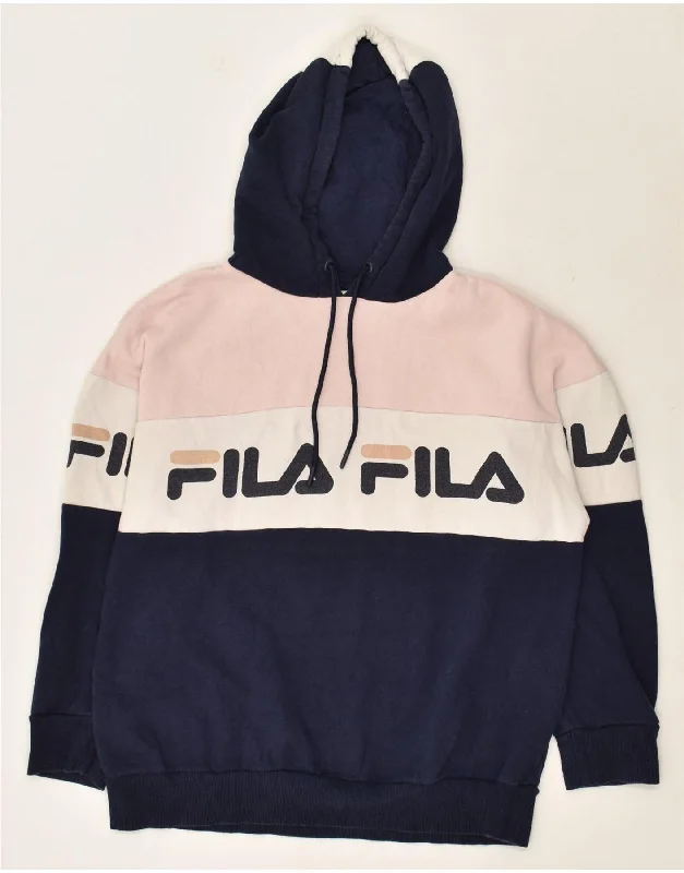 FILA Womens Graphic Hoodie Jumper UK 12 Medium Navy Blue Colourblock Hoodie with Front Slit Layering Stylish FILA Womens Graphic Hoodie Jumper UK 12 Medium Navy Blue Colourblock Hoodie with Front Slit Layering Stylish
