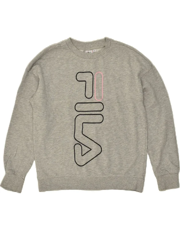 FILA Womens Graphic Sweatshirt Jumper UK 16 Large Grey Cotton Hoodie with Hem Applique Textured Unique FILA Womens Graphic Sweatshirt Jumper UK 16 Large Grey Cotton Hoodie with Hem Applique Textured Unique