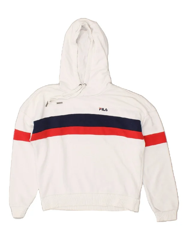 FILA Womens Oversized Graphic Hoodie Jumper UK 10 Small White Striped Hoodie with Color Block Contrast Stylish FILA Womens Oversized Graphic Hoodie Jumper UK 10 Small White Striped Hoodie with Color Block Contrast Stylish