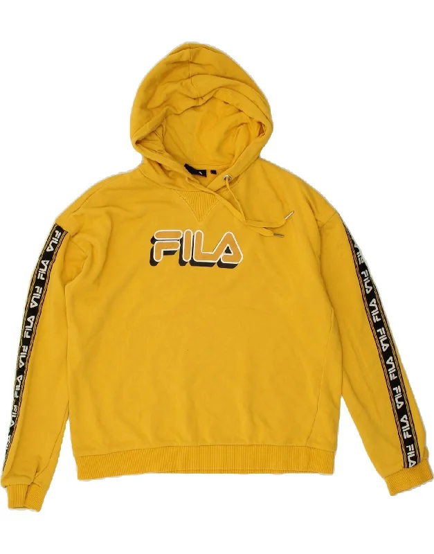FILA Womens Oversized Graphic Hoodie Jumper UK 10 Small Yellow Hoodie with Logo Branding Identity FILA Womens Oversized Graphic Hoodie Jumper UK 10 Small Yellow Hoodie with Logo Branding Identity
