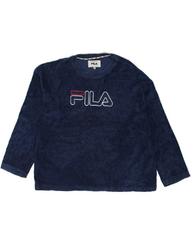 FILA Womens Sweatshirt Jumper UK 14 Medium Navy Blue Polyester Hoodie with Pattern Geometric Abstract FILA Womens Sweatshirt Jumper UK 14 Medium Navy Blue Polyester Hoodie with Pattern Geometric Abstract