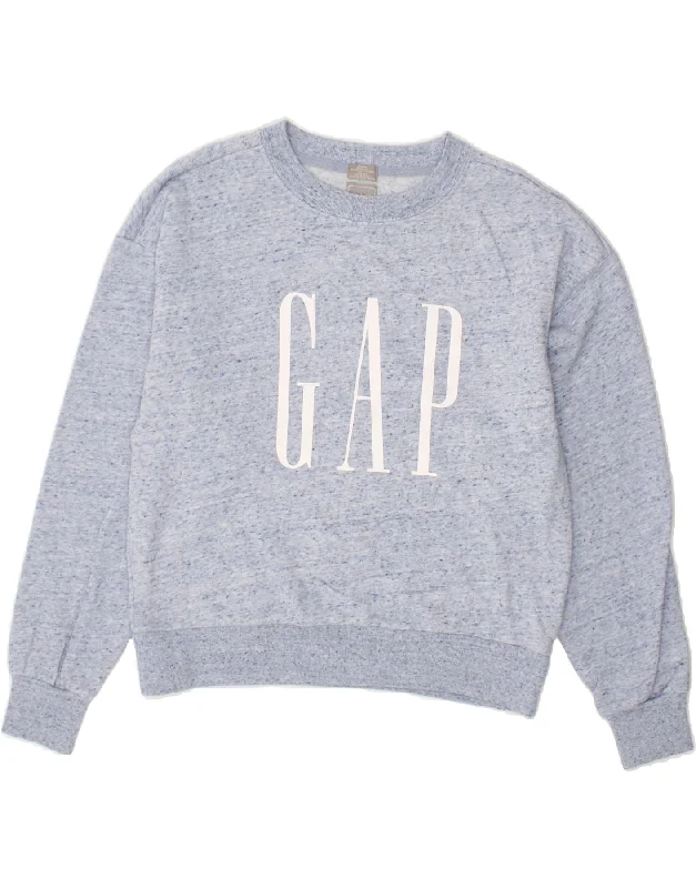 GAP Womens Graphic Sweatshirt Jumper UK 10 Small Blue Flecked Cotton Hoodie with Color Block Contrast Stylish GAP Womens Graphic Sweatshirt Jumper UK 10 Small Blue Flecked Cotton Hoodie with Color Block Contrast Stylish