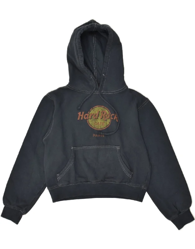 HARD ROCK CAFE Womens Paris Crop Graphic Hoodie Jumper UK 6 XS Navy Blue Hoodie with Tied Waist Feminine Flattering HARD ROCK CAFE Womens Paris Crop Graphic Hoodie Jumper UK 6 XS Navy Blue Hoodie with Tied Waist Feminine Flattering
