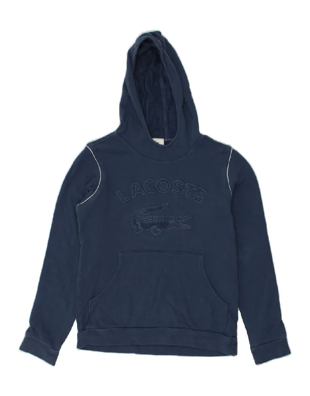 LACOSTE Womens Graphic Hoodie Jumper Size 38 Medium Navy Blue Hoodie with Hem Embroidery Detailed Premium LACOSTE Womens Graphic Hoodie Jumper Size 38 Medium Navy Blue Hoodie with Hem Embroidery Detailed Premium