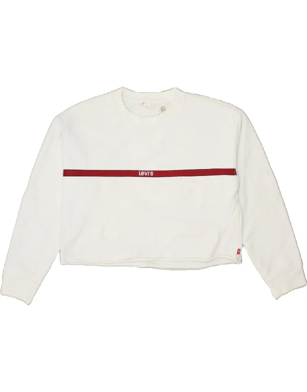LEVI'S Womens Crop Graphic Sweatshirt Jumper UK 6 XS White Cotton Hoodie with Zipper Placket Modern Functional LEVI'S Womens Crop Graphic Sweatshirt Jumper UK 6 XS White Cotton Hoodie with Zipper Placket Modern Functional