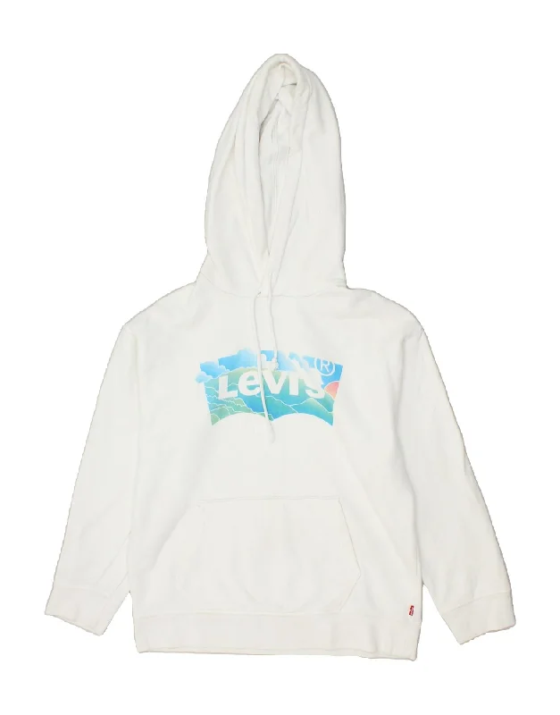 LEVI'S Womens Graphic Hoodie Jumper UK 10 Small White Cotton Hoodie with High-Low Hem Asymmetrical Trendy LEVI'S Womens Graphic Hoodie Jumper UK 10 Small White Cotton Hoodie with High-Low Hem Asymmetrical Trendy