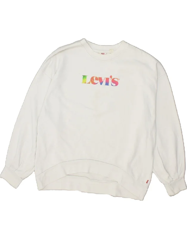 LEVI'S Womens Oversized Graphic Sweatshirt Jumper UK 14 Medium White Hoodie with Rhinestones Sparkly Elegant LEVI'S Womens Oversized Graphic Sweatshirt Jumper UK 14 Medium White Hoodie with Rhinestones Sparkly Elegant