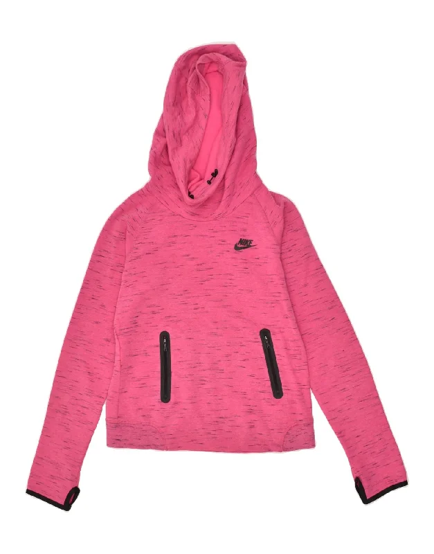 NIKE Womens Crop Hoodie Jumper UK 10 Small Pink Flecked Cotton Hoodie with Hem Raw Edge Edgy Unfinished NIKE Womens Crop Hoodie Jumper UK 10 Small Pink Flecked Cotton Hoodie with Hem Raw Edge Edgy Unfinished