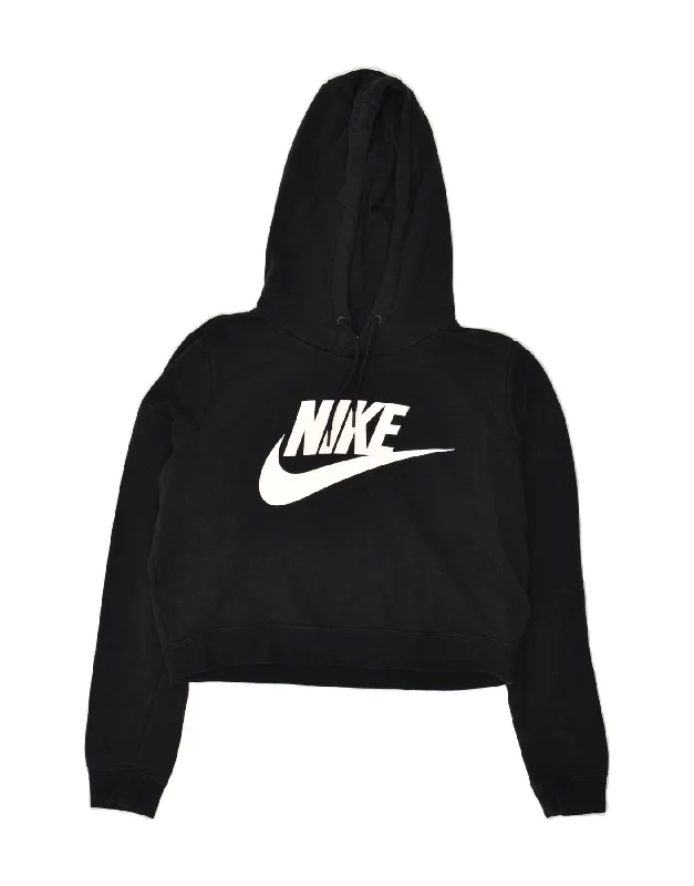 NIKE Womens Crop Sweatshirt Jumper UK 14 Medium Black Cotton Hoodie with Hem Embroidery Detailed Premium NIKE Womens Crop Sweatshirt Jumper UK 14 Medium Black Cotton Hoodie with Hem Embroidery Detailed Premium