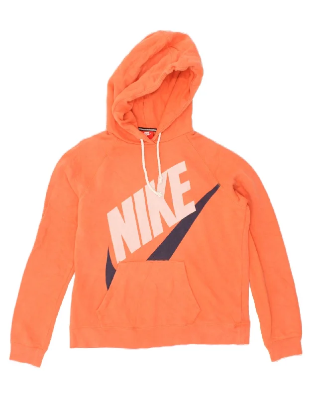 NIKE Womens Graphic Hoodie Jumper UK 14 Large Orange Cotton Hoodie with Embroidery Detailed Premium NIKE Womens Graphic Hoodie Jumper UK 14 Large Orange Cotton Hoodie with Embroidery Detailed Premium