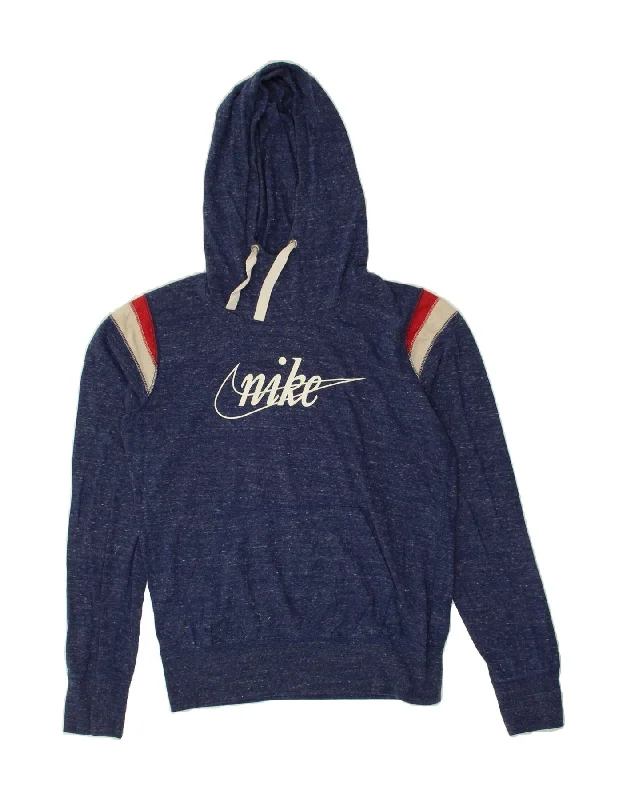 NIKE Womens Graphic Hoodie Jumper UK 14 Medium Navy Blue Flecked Cotton Graphic Hoodie Design Print NIKE Womens Graphic Hoodie Jumper UK 14 Medium Navy Blue Flecked Cotton Graphic Hoodie Design Print
