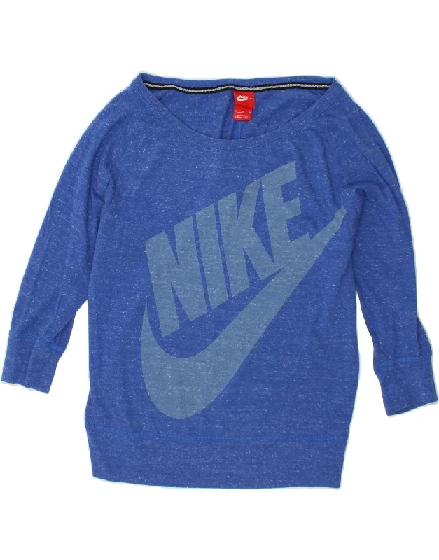 NIKE Womens Graphic Sweatshirt Jumper UK 14 Medium Blue Flecked Hoodie with Thumb Holes Functional Cozy NIKE Womens Graphic Sweatshirt Jumper UK 14 Medium Blue Flecked Hoodie with Thumb Holes Functional Cozy