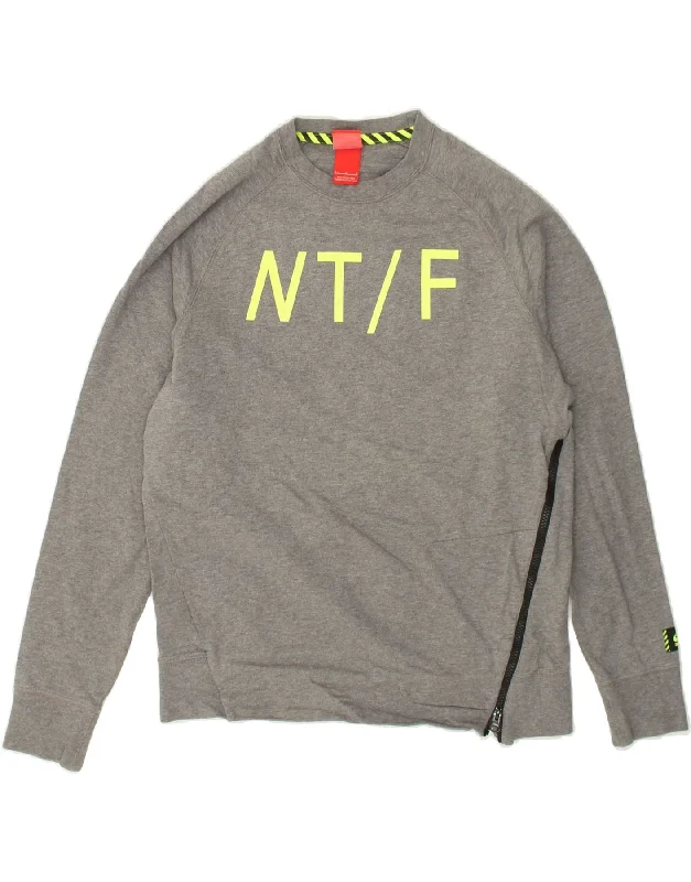 NIKE Womens Graphic Sweatshirt Jumper UK 16 Large Grey Cotton Hoodie with Metallic Shiny Futuristic NIKE Womens Graphic Sweatshirt Jumper UK 16 Large Grey Cotton Hoodie with Metallic Shiny Futuristic