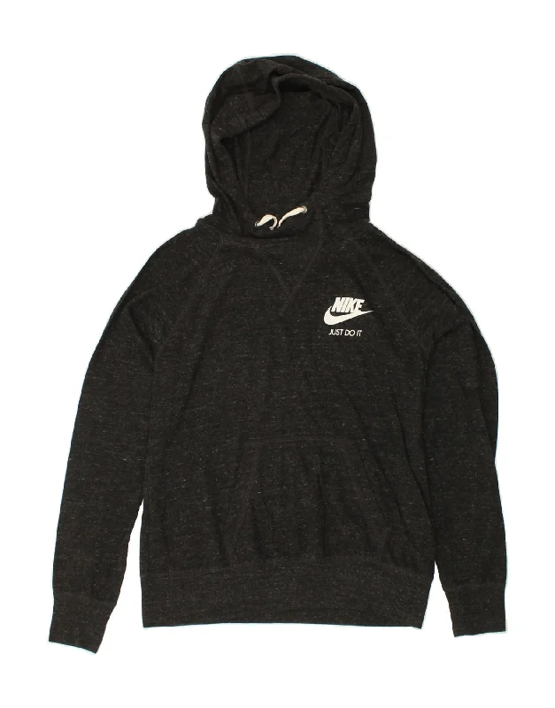 NIKE Womens Hoodie Jumper UK 14 Medium Black Flecked Cotton Hoodie with Thumb Holes Functional Cozy NIKE Womens Hoodie Jumper UK 14 Medium Black Flecked Cotton Hoodie with Thumb Holes Functional Cozy