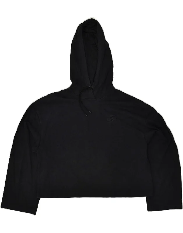 NIKE Womens Oversized Crop Hoodie Jumper UK 14 Medium Black Cotton Hoodie with Hem Fringe Bohemian Relaxed NIKE Womens Oversized Crop Hoodie Jumper UK 14 Medium Black Cotton Hoodie with Hem Fringe Bohemian Relaxed