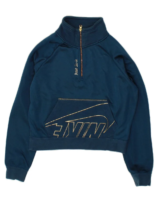 NIKE Womens Oversized Graphic Zip Neck Sweatshirt Jumper UK 10 Small Blue Hoodie with Velcro Closure Adjustable Secure NIKE Womens Oversized Graphic Zip Neck Sweatshirt Jumper UK 10 Small Blue Hoodie with Velcro Closure Adjustable Secure