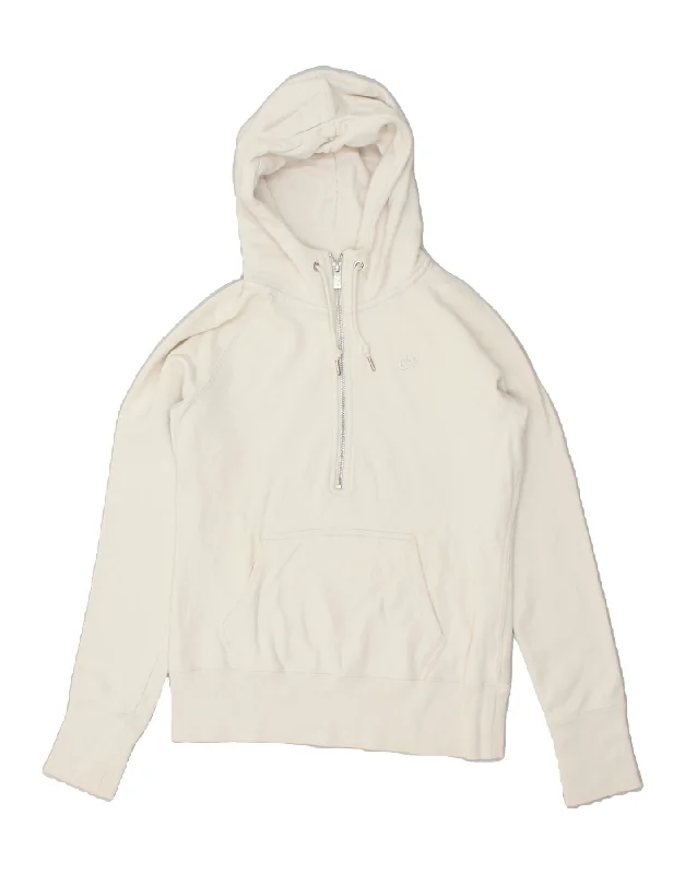 NIKE Womens Zip Neck Hoodie Jumper UK 12/14 Medium Off White Cotton Hoodie with Applique Textured Unique NIKE Womens Zip Neck Hoodie Jumper UK 12/14 Medium Off White Cotton Hoodie with Applique Textured Unique