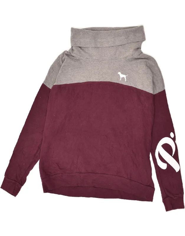 PINK Womens Graphic Roll Neck Sweatshirt Jumper UK 14 Medium Maroon Hoodie with Applique Textured Unique PINK Womens Graphic Roll Neck Sweatshirt Jumper UK 14 Medium Maroon Hoodie with Applique Textured Unique