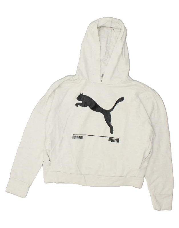 PUMA Womens Crop Graphic Hoodie Jumper UK 16 Large White Cotton Hoodie with Longline Fit Extended Stylish PUMA Womens Crop Graphic Hoodie Jumper UK 16 Large White Cotton Hoodie with Longline Fit Extended Stylish