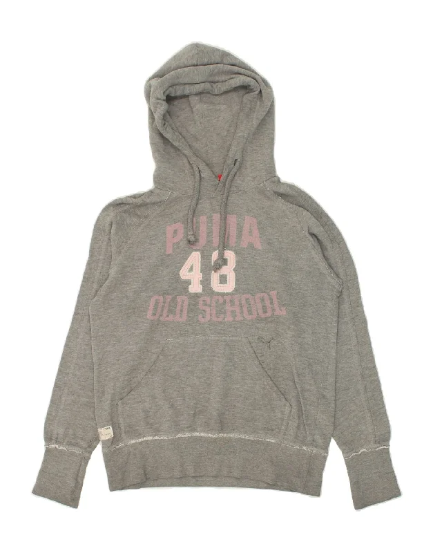 PUMA Womens Graphic Hoodie Jumper UK 12 Medium Grey Cotton Hoodie with Mock Neck Collared Structured PUMA Womens Graphic Hoodie Jumper UK 12 Medium Grey Cotton Hoodie with Mock Neck Collared Structured