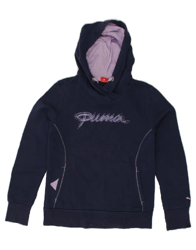 PUMA Womens Graphic Hoodie Jumper UK 12 Medium Navy Blue Cotton Hoodie with Hem Patch Decorative Personalized PUMA Womens Graphic Hoodie Jumper UK 12 Medium Navy Blue Cotton Hoodie with Hem Patch Decorative Personalized