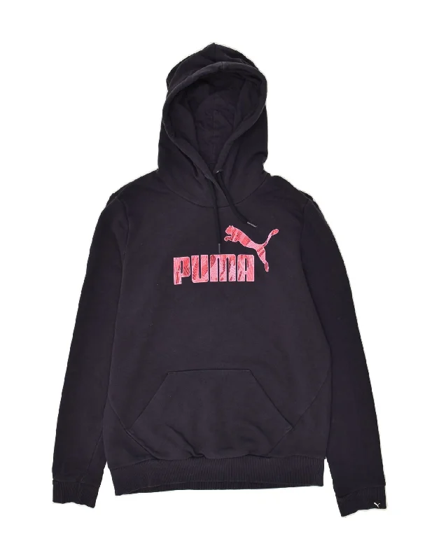 PUMA Womens Graphic Hoodie Jumper UK 14 Large Navy Blue Cotton Hoodie with Color Block Contrast Stylish PUMA Womens Graphic Hoodie Jumper UK 14 Large Navy Blue Cotton Hoodie with Color Block Contrast Stylish